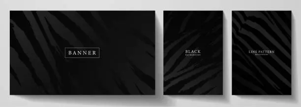 Vector illustration of Black banner, cover design set. Diagonal line pattern (curve print) on dark background