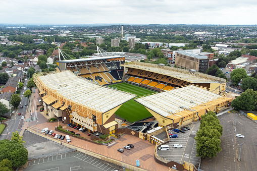 Wolverhampton, England - 15th July 2021: Aerial view of Molineux Stadium, home of Wolverhampton Wanderers Football Club in the West Midlands, England, UK.