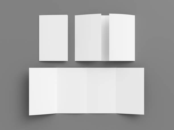 istock Vertical double gate fold brochure. Four panels, eight pages blank leaflet. Mock up on gray background for presentation design. Folded, semi-folded and front side. 1329194511