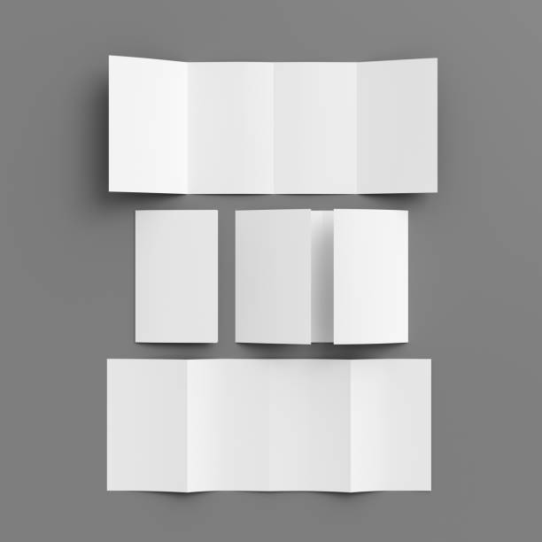 istock Vertical double gate fold brochure. Four panels, eight pages blank leaflet. Mock up on gray background for presentation design. Folded, semi-folded, front and back side. 1329194582