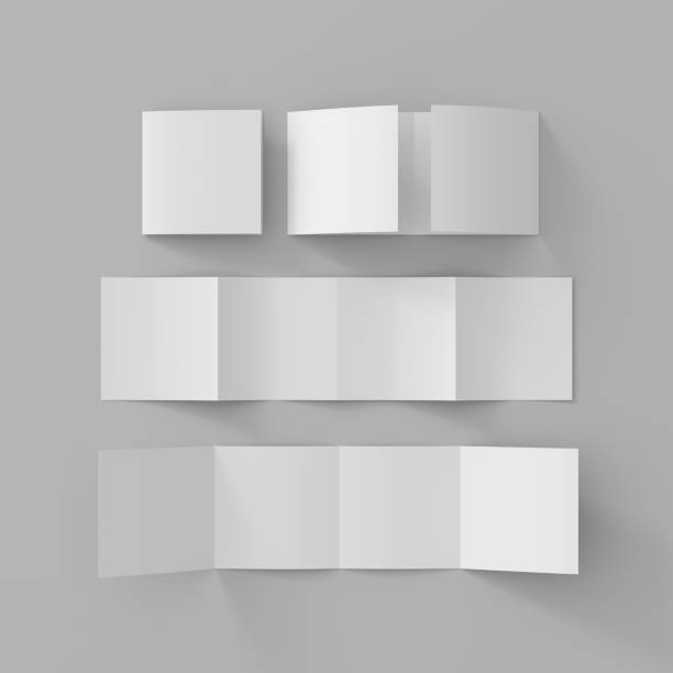 istock Square  double gate fold brochure. Four panels, eight pages blank leaflet. Mock up on white background for presentation design. Folded, semi-folded, front and back side. 1329195289