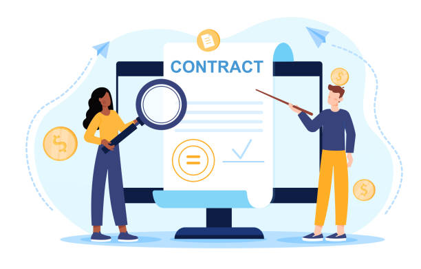 Signing of a business contract concept Signing of a business contract concept. A man and a woman are standing next to a large monitor and studying the details of the contract. An agreement between the partners. Flat vector illustration agreement illustrations stock illustrations