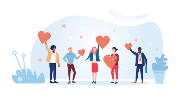 Concept of charity and donation. Concept of charity and donation. People hold hearts in their hands and give them to those in need. A metaphor of kindness and responsiveness. Cartoon flat vector illustration on a white background sharing illustrations stock illustrations