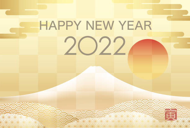 ilustrações de stock, clip art, desenhos animados e ícones de 2022 new years greeting card template with snow-covered golden mt. fuji decorated with japanese vintage pattern. - kanji japanese script japan text