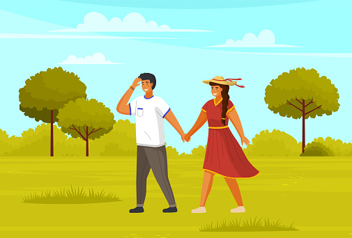 Ilustración de Pareja Caminando En El Parque Chico Y Chica Con Vestido Ligero Tomados De La Mano Caminando En El Jardín De Verano y más Vectores Libres de Derechos de Adulto - Ilustración de Pareja Caminando En El Parque Chico Y Chica Con Vestido Ligero Tomados De La Mano Caminando En El Jardín De Verano y más Vectores Libres de Derechos de Adulto -
