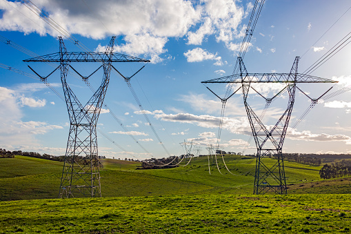 Double row of large electrical power pylons with looping powerlines strung across lush green farmland with livestock grazing in the distance, backlit, silhouette, silver threads