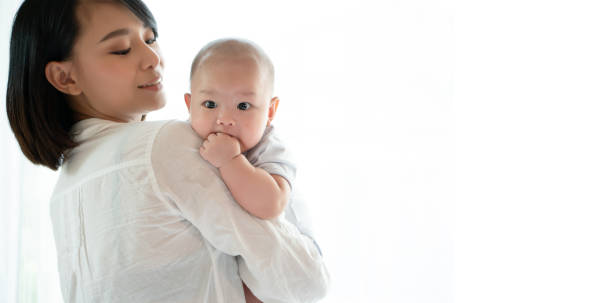 Asian children and mothers are happy and in love. good health of mother and child stock photo