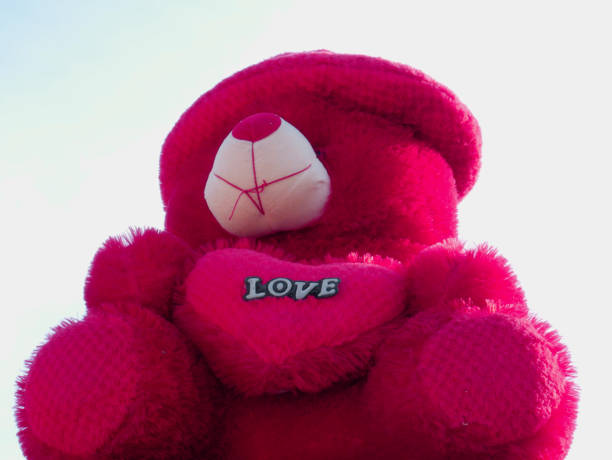 Two light and dark brown soft teddy bears hugging each other and sitting on wooden floor at light gray wall background. Closeup. Empty place for text. Back view.