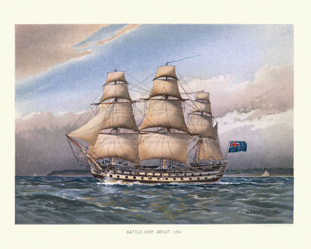 battleship of the royal navy, 18th century warships, sailing ship - britanya kültürü illüstrasyonlar stock illustrations