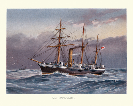 Vintage illustration of HMS Nymphe, Victorian era Royal Navy warship 19th Century. A Nymphe-class composite screw sloop launched in 1888