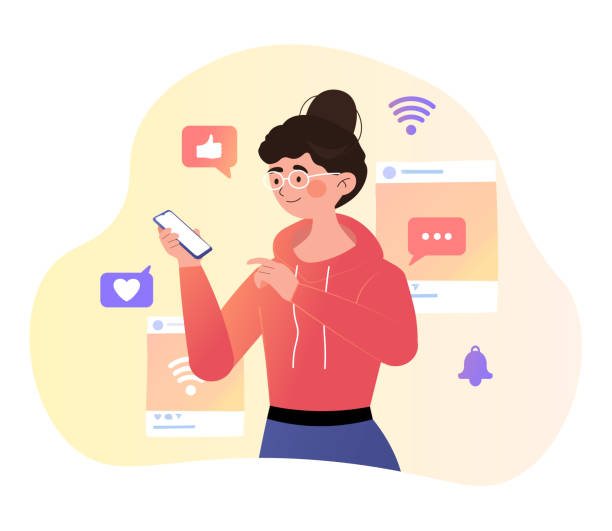 Mobile technologies concept Mobile technologies concept. A woman with glasses holds a smartphone in her hands, downloads applications and configures it. Features of modern phones. Cartoon modern flat vector illustration news feed icon stock illustrations