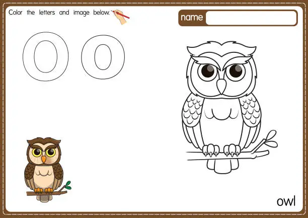 Vector illustration of Vector illustration of kids alphabet coloring book page with outlined clip art to color. Letter O for  Owl.