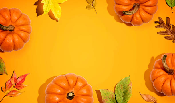 istock Autumn pumpkins with colorful leaves overhead view 1329209857