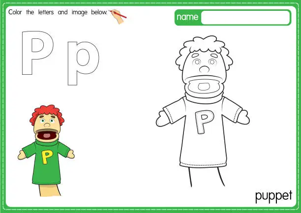 Vector illustration of Vector illustration of kids alphabet coloring book page with outlined clip art to color. Letter P for  Puppet.