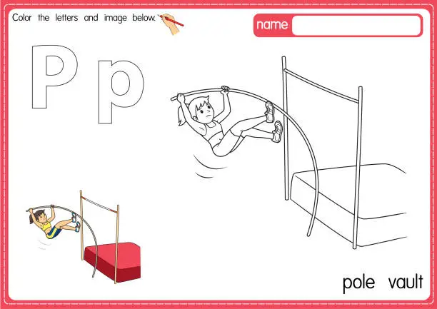 Vector illustration of Vector illustration of kids alphabet coloring book page with outlined clip art to color. Letter P for  Pole vault.