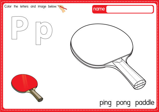 Vector illustration of kids alphabet coloring book page with outlined clip art to color. Letter P for  Ping pong paddle. Vector illustration of educational alphabet coloring page with cartoon for kids. Uppercase and lowercase letter for coloring, tracing, writing, do-a-dot, sticker, cut and paste, kids learning page. ping pong table stock illustrations