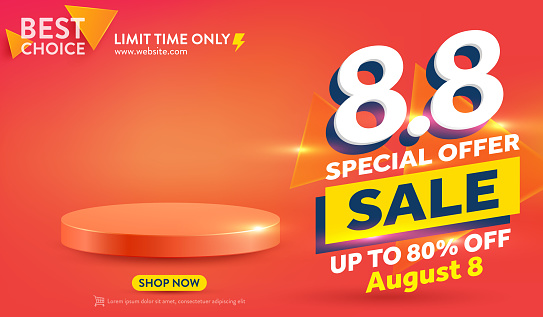 Vector of 8.8 Shopping day Poster or banner with blank product podium scene.8 August sales banner template design for social media and website.Special Offer Sale 80% Off campaign or promotion.