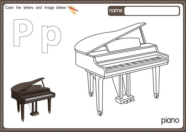 vektorillustration der malbuchseite für kinder mit umrissener clipart zum ausmalen. letter p für klavier. - piano key piano musical instrument music stock-grafiken, -clipart, -cartoons und -symbole