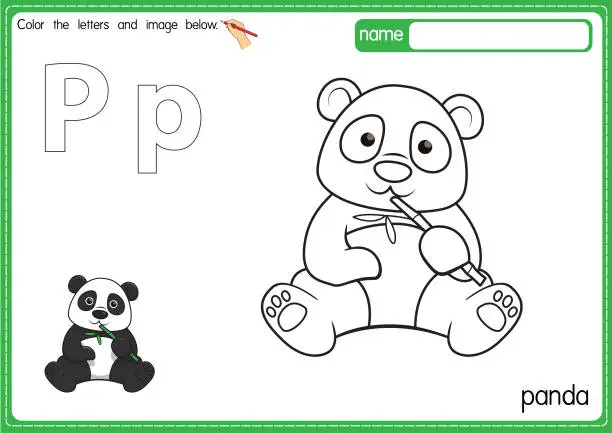 Vector illustration of Vector illustration of kids alphabet coloring book page with outlined clip art to color. Letter P for  Panda.