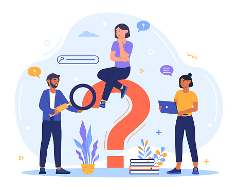 Ask question concept. The characters are looking for a solution to their problem on the Internet. A big question mark. Cartoon modern flat vector illustration isolated on a white background