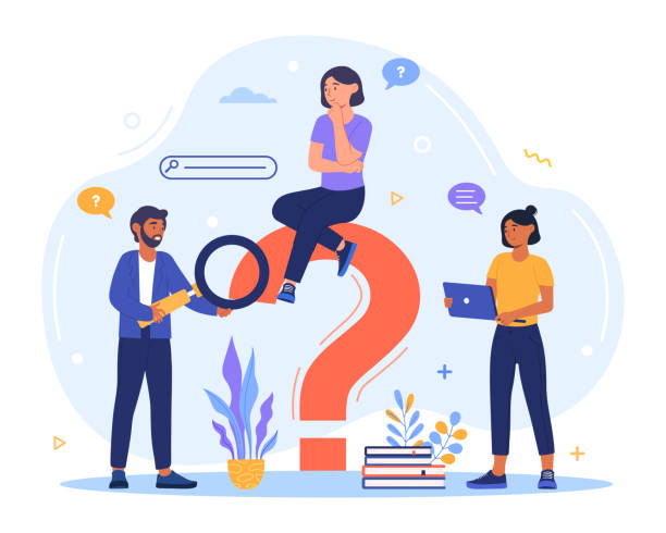 Ask question concept Ask question concept. The characters are looking for a solution to their problem on the Internet. A big question mark. Cartoon modern flat vector illustration isolated on a white background decisions stock illustrations