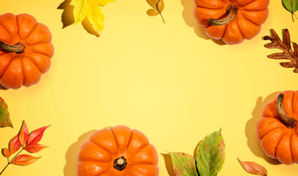 istock Autumn pumpkins with colorful leaves overhead view 1329213895