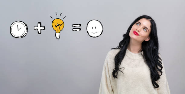 istock Time plus idea equals happy with happy young woman 1329213971