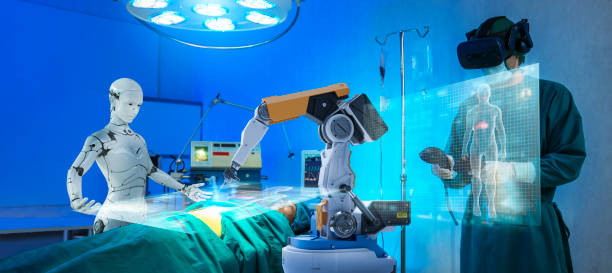 istock 3D Humanoid robot and robot arm working in surgery operation room with doctor. Future modern tech digital technology AI artificial intelligence hospital medical concept. 1329214861
