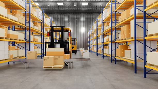 istock Warehouse with cardboard boxes inside on pallets racks, logistic center. Loft modern warehouse. Cardboard boxes on a conveyor belt in a warehouse, 3D rendering 1329216980