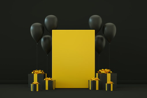 3d rendering of Black Gift Boxes and Empty Frame with Balloons. Minimal Black Friday Concept.