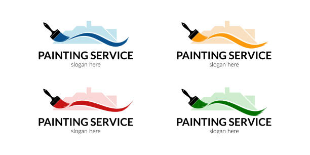 ilustraciones, imágenes clip art, dibujos animados e iconos de stock de logotipo de los servicios de pintura de moda - house painter painting paint wall