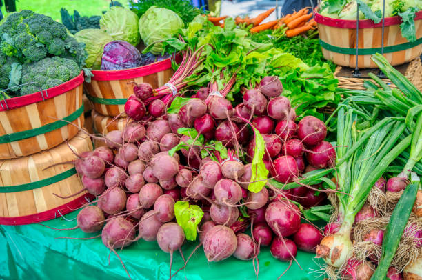 remolacha y otras hortalizas en el mercado de agricultores - beet green fotografías e imágenes de stock