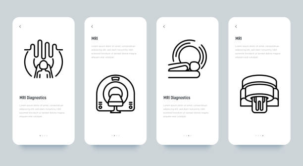 мобильный пользовательский интерфейс мрт-диагностики с тонкими иконками. медицинское оборудование для выявления онкологии. пиксель идеал - cat scan machine stock illustrations