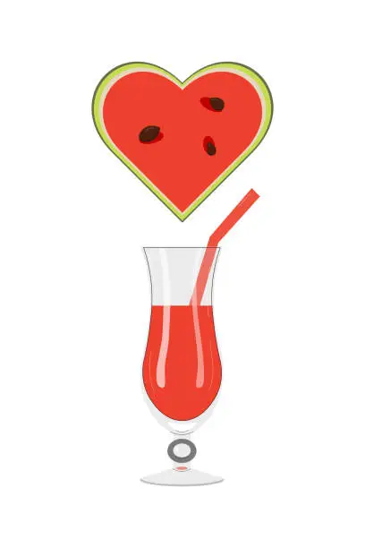 Vector illustration of Summer fruit mood with fresh watermelon juice in a glass with a straw and a red watermelon heart with seeds. Vector illustration. Design for packaging juices, stickers, posters.