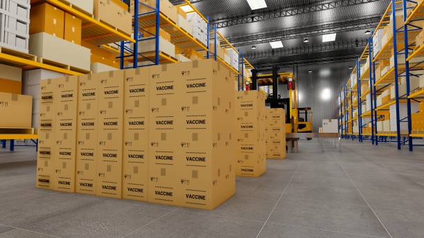 Warehouse with cardboard boxes inside on pallets racks, logistic center. Loft modern warehouse. Cardboard boxes on a conveyor belt in a warehouse, 3D rendering