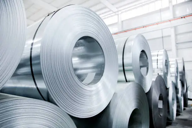 A photograph of multiple rolled aluminum metal sheets stored in a warehouse.