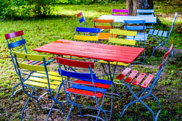 colorful folding chairs at a beergarden - photo