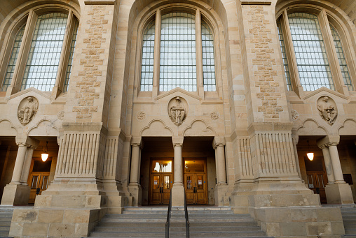 Palo Alto, California - July 17, 2021:The façade of the Green Library at Stanford University, California