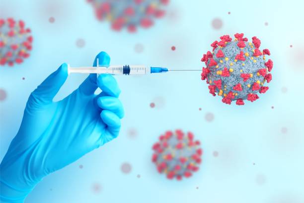 istock Hand in medical blue glove holding syringe with vaccine. Vaccination or Immunization concept. Injection syringe in hand and virus cells. COVID-19 coronavirus vaccine. Vector realistic illustration. 1329227333
