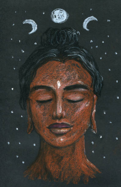 hand-drawn pastel poster of buddha on a dark background, phases of the moon overhead. Night meditation hand-drawn pastel poster of buddha on a dark background, phases of the moon overhead. Night meditation buddha face stock illustrations