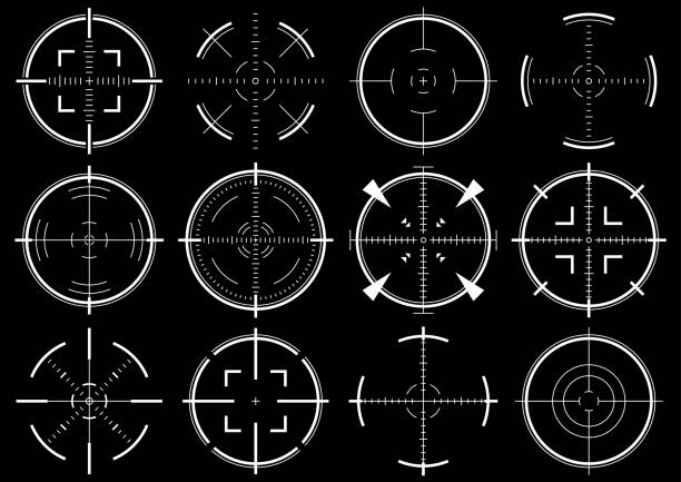 ilustraciones, imágenes clip art, dibujos animados e iconos de stock de material de ilustración de vectores de ámbito de destino - telescopic sight