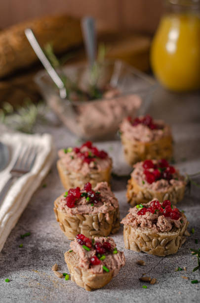 Homemade pate on heathy bread with cranberries Delicious homemade pate with wholegrain pastry and herbs heathy snack stock pictures, royalty-free photos & images