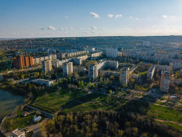 istock Evening spring Volgograd cityscape at sunset, aerial view 1329234894