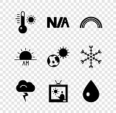 istock Set Meteorology thermometer, Not applicable, Rainbow, Storm, Weather forecast, Water drop, Sunrise and Earth globe and sun icon. Vector 1329239124