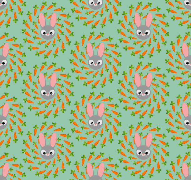 bezszwowy wzór powtarzania z uroczą głową króliczka i wirami marchewki dla niemowląt - carrot baby carrot food backgrounds stock illustrations