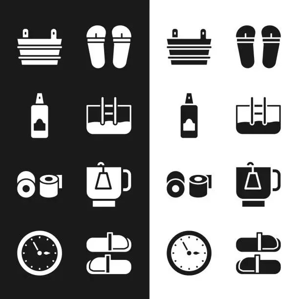 Vector illustration of Set Swimming pool with ladder, Spray can for hairspray, Sauna bucket, Flip flops, Toilet paper roll, Cup of tea tea bag, slippers and clock icon. Vector