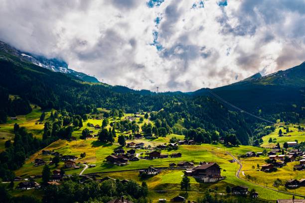 Grindelwald village by Bernese Oberland against sky at Swiss Alps.