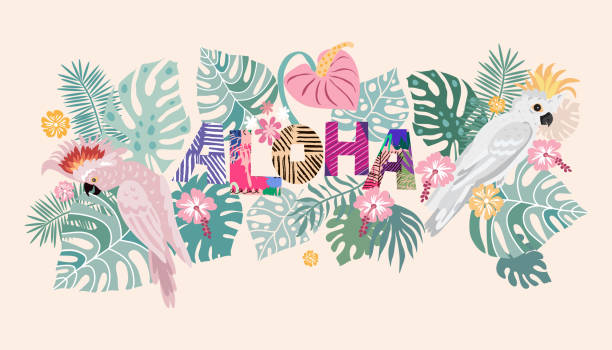 ilustraciones, imágenes clip art, dibujos animados e iconos de stock de fondo de flores tropicales. aloha- letras de texto. diseño de verano - hawaiian orchid