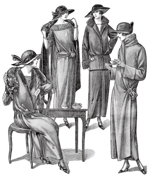 illustrazioni stock, clip art, cartoni animati e icone di tendenza di donne che indossano abiti vintage pagina rivista di moda vintage - image created 1920s