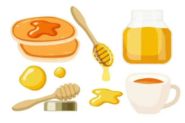 Vector illustration of Tea party with honey and pancakes. Honey in jas, cup of tea, pancakes, wooden honey spoon with honey drops isolated illustration on white background. Organic food eco template. Tasty healthy breakfast
